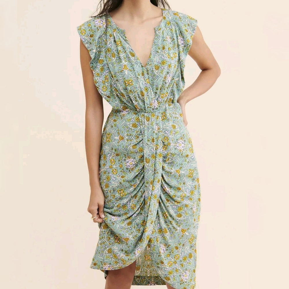 Anthropologie Maeve Blossom Ruffle Dress 8 Seafoam Green Print Draped